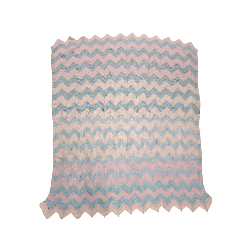 Handmade Vintage 1965 Chevron Afghan Pink/Blue 76"x62"